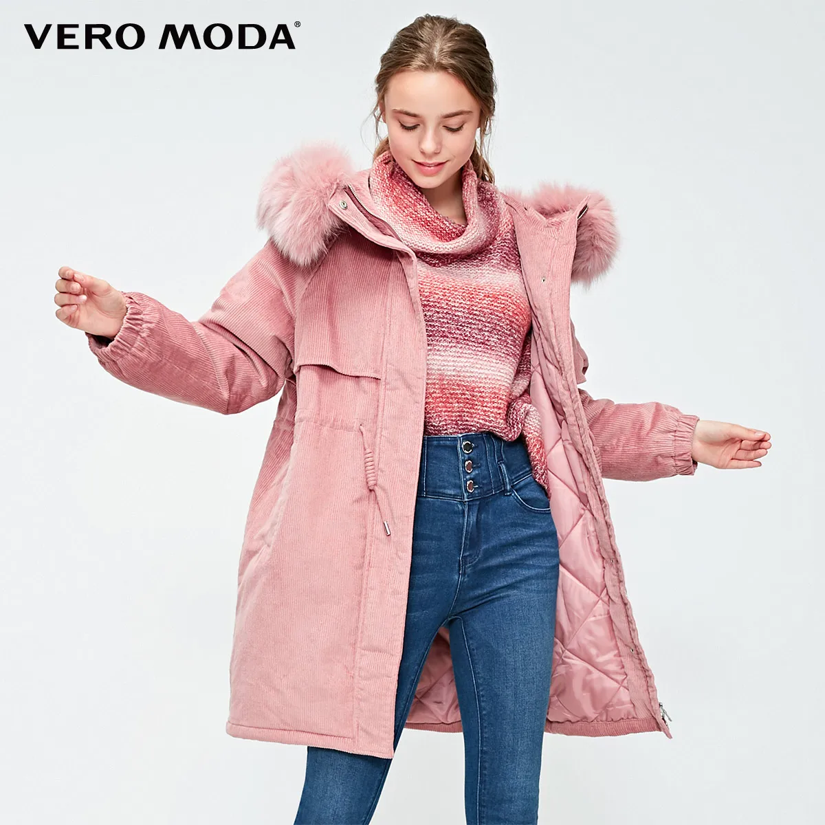 Vero Moda Новинка куртка женская зимняя съемный воротник из лисьего меха Вельветовая верхняя одежда оверсайз подкладка парка пальто | 318422508 - Цвет: Pale mauve