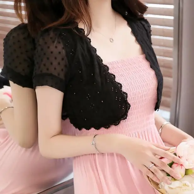 

Carol Diaries 2018 Women Lace Shrug Shawl Short Sleeve Short Crop Tops Chiffon Blouse Transparent See Through Sun Proof Outwear