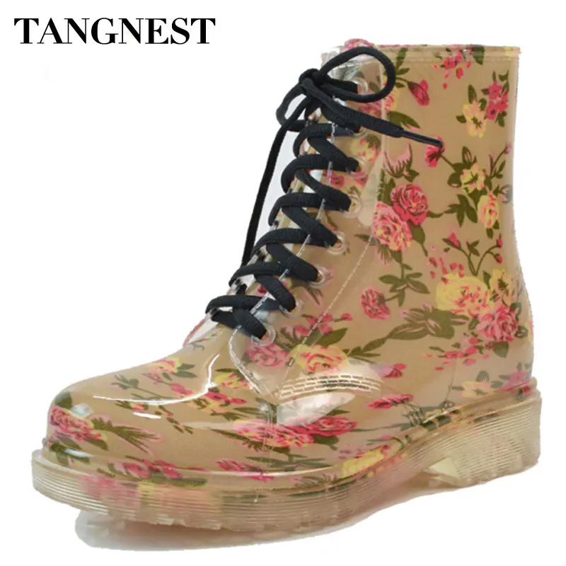 

Tangnest 2018 Women's Rain Boots Spring Round Toe Rubber Shoes Floral Leopard Lace-Up Ankle Boots Woman Big Size 36-40 XWX2327