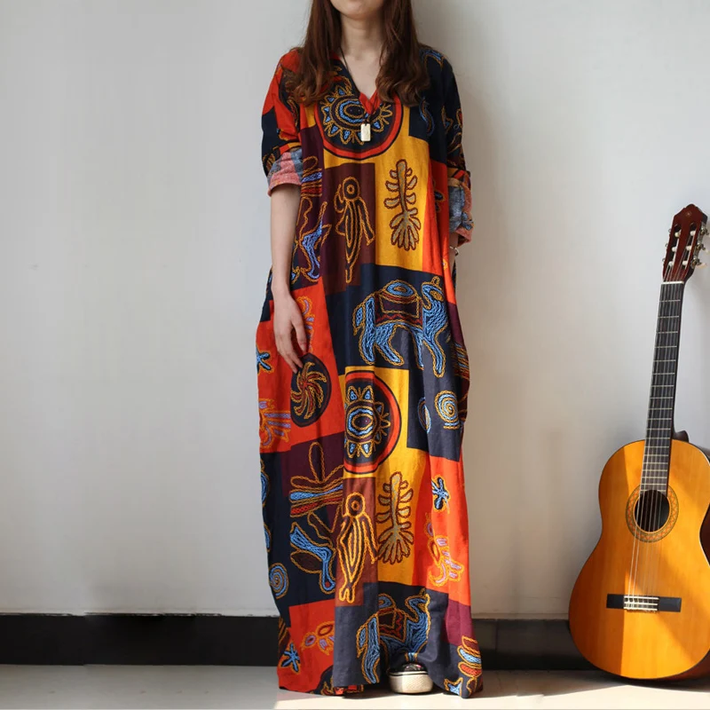 

Women Beach Boho Dress 2019 Casual 4XL Plus size Womens Clothing Long Sleeve Loose African Baggy Kaftan Big size Long Maxi Dress