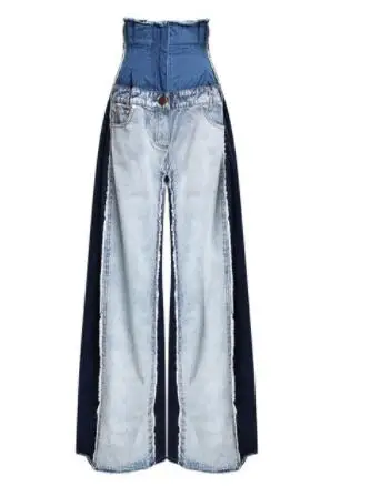

Patchwork Jeans 2019 Spring New Ultra High Waist Hit Color Wide Leg Jeans Women Loose Fall Straight Retro Shorts