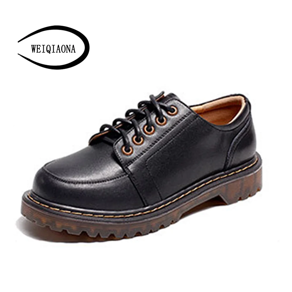 

WEIQIAONA 2019 New Genuine leather Women Shoes Round Toe Low Heels Cross-tied Ladies Shoes Casual Shoes Party Shoes