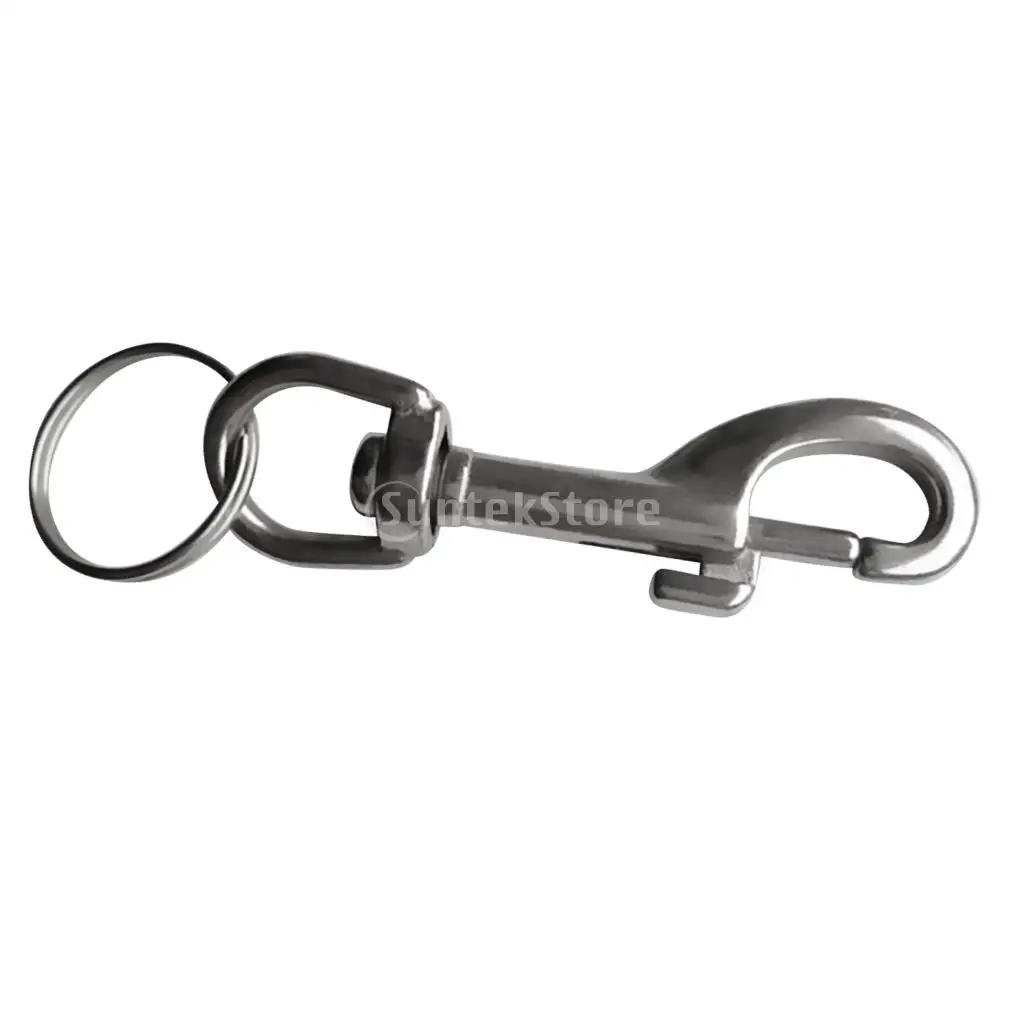 Heavy Duty Strong Durable Silver 316 Stainless Steel Single Ended Bolt Snap Hook Clip & Split Keyring for Scuba Diving