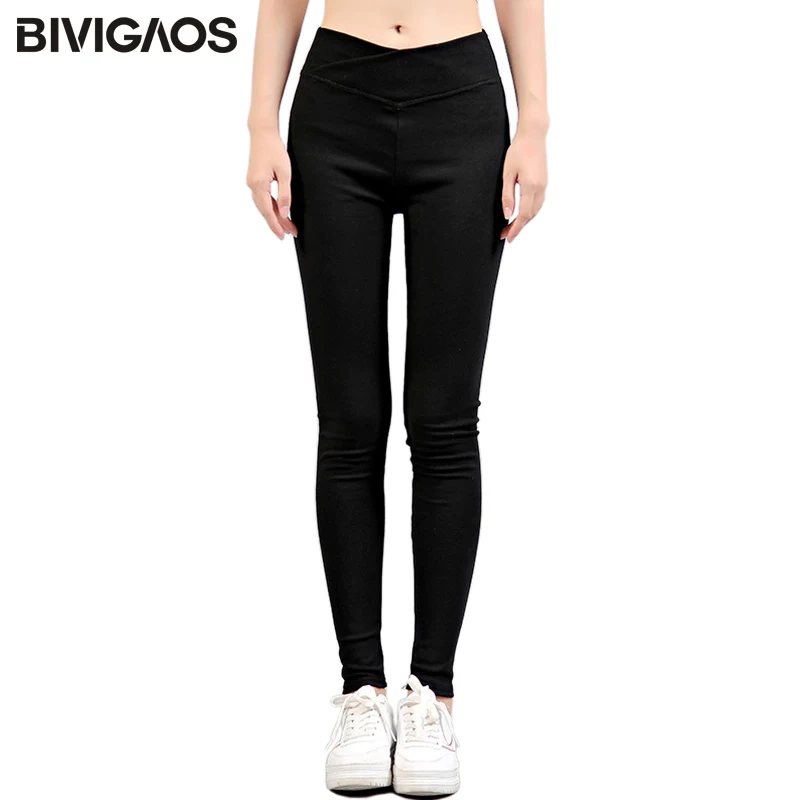 BIVIGAOS осенне-зимние Стиль досуга однотонные хлопковые леггинсы для женщин с перекрестными завязками и высокой талией эластичные узкие брюки обтягивающие спортивные Леггинсы для тренировок