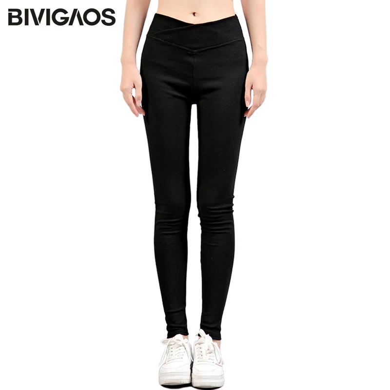 

BIVIGAOS Autumn Winter Solid Color Cotton Leggings Women Cross High Waist Elastic Pencil Pants Skinny Sports Workout Leggings