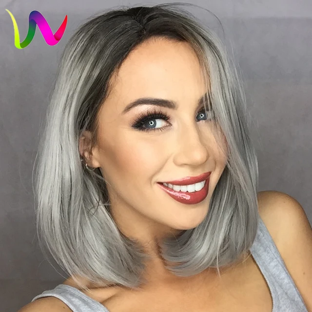 Grey Synthetic Lace Front Wig Glueless Lace Wigs Ombre Black/Silver