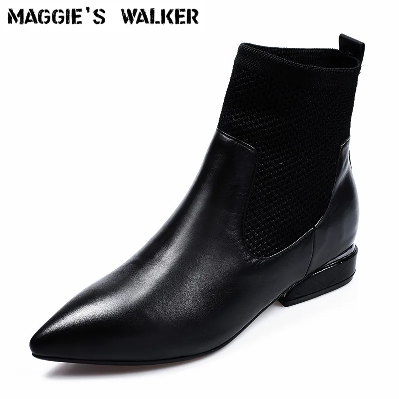 

Maggie's Walker New Arrival Women's Fashion Genuine Leather Casual Shoes Slip-on Stretch Cloth Leather Autumn Boots Size 35~40