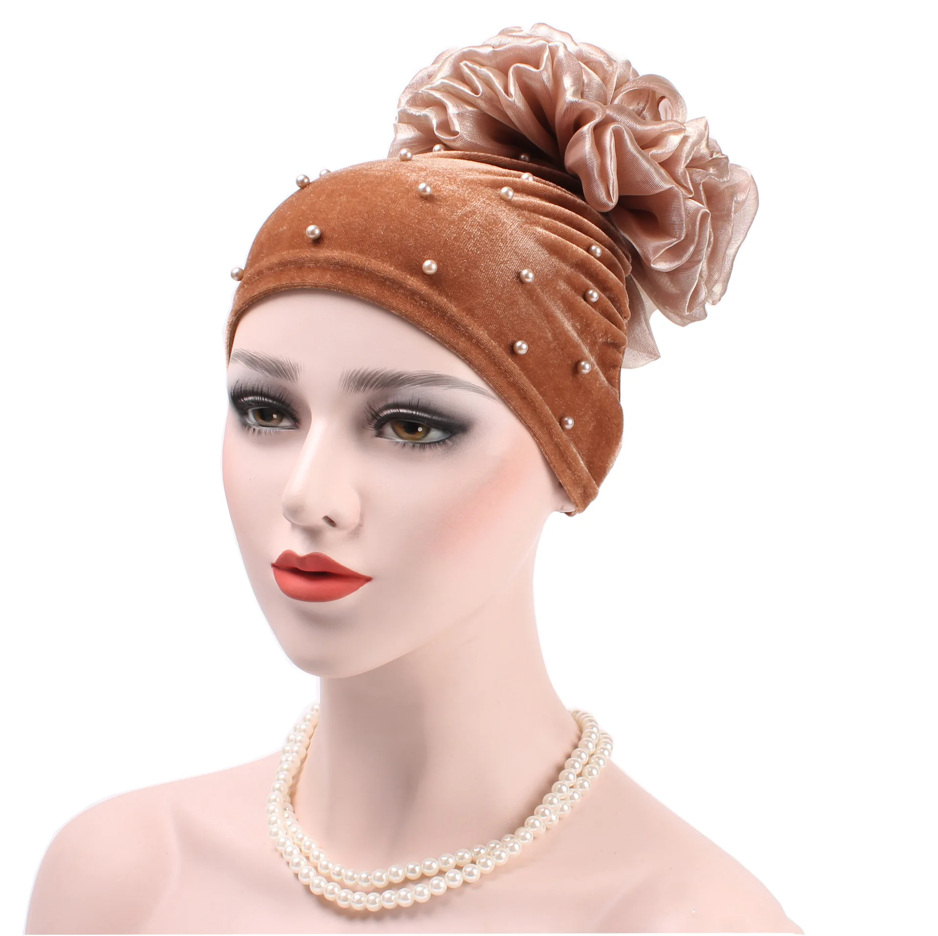 Новое мусульманское платье женская шляпа Baotou чистый цвет хлопковый вельветовый гвоздь жемчужная шляпа с цветами после капюшона шапка-Тюрбан Хиджаб - Цвет: 1