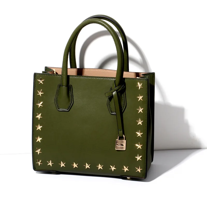 Women's new rivet leather five-pointed star laptop shoulder lock bag Korean style vertical side square leather large-capacity Me
