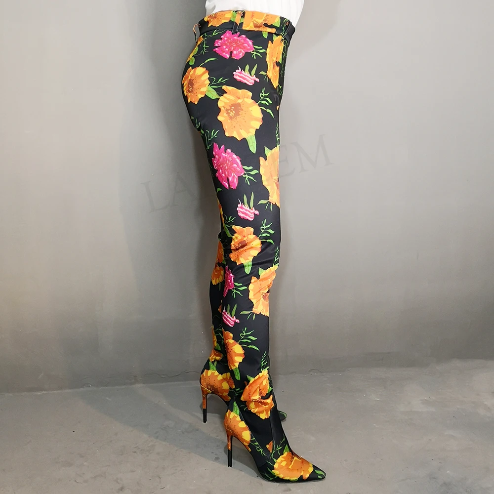 LAIGZEM/женские штаны по индивидуальному заказу; Сапоги выше колена из лайкры на каблуке; обувь с цветочным принтом; Botines Mujer; большие размеры 34-47