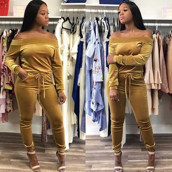 

Sexy Velvet Jumpsuits Womens Slash Neck 2pcs Tracksuits NightClub Party Jumpers Skinny Suits Romper Overalls SJ418U