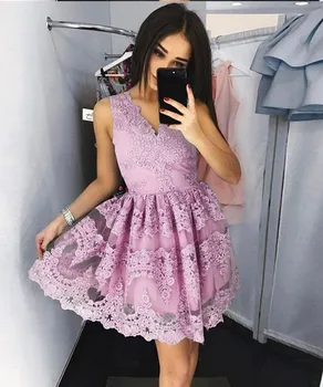 

MisShow Dusty Rose Lace V Neck Short Homecoming Dresses 2019 Sleeveless Prom Party Dress Graduation Dress vestido corto