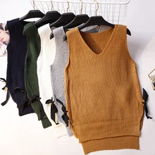 Женский вязаный жилет пальто осень зима v-образный вырез бант свободные пуловеры, свитера жилет куртка-безрукавка Топы Женский жилет RH1520