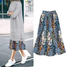 Женская богемная Осенняя юбка с поясом, женская шифоновая пляжная длинная юбка с цветочным принтом, эластичная талия, большой подол, юбки в стиле бохо, большие размеры, L-5XL