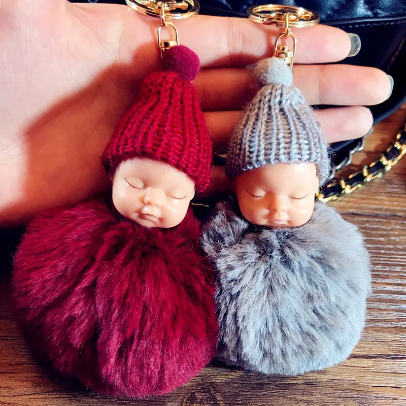 Cute Sleeping Baby Doll Keychain Key Chain Fur Pompom Ball Keychains