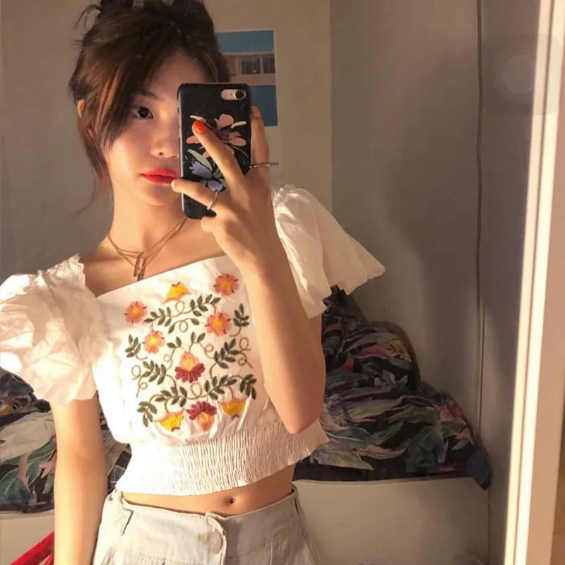 

Ins Polular Ruffle Short Sleeve Blouse Women Vintage Embroidery Square Neck Crop Tops Ladies Elastic High Waist White Blouses