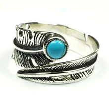 Pure 925 Plata Esterlina Anillos de La Vendimia Para Las Mujeres de Plumas Anillo Con Piedra Natural de La Joyería de Apertura Ajustable Para Los Hombres