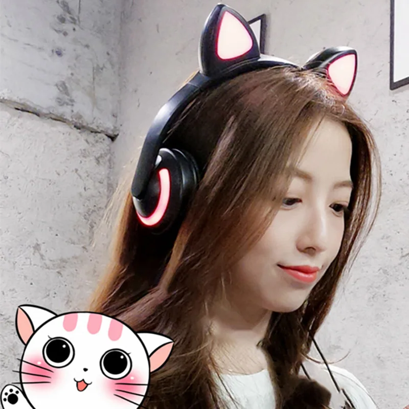 Cat Ear Headphones 7-Color Flashing Glowing Ear Headset Earphone Bluetooth Headphone For Girls Kids Gaming Rabbit Deer Devil Ear