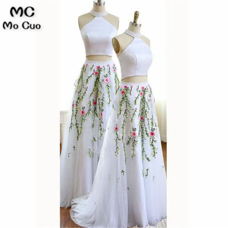 Unique White Jewel Sleeveless A-line Tulle Two Pieces Prom Dress with Flowers for Teens