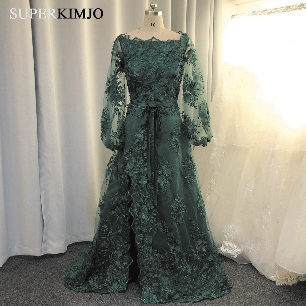 

SuperKimJo 3D Flower Dark Green Prom Dresses 2019 Flare Sleeve Lace Applique Boat Neck Elegant Prom Gown Vestidos De Gala