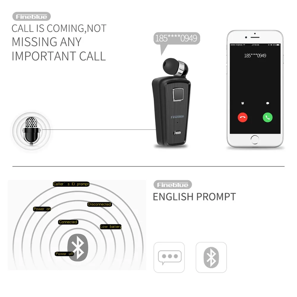 5PCS Fineblue F980 Wireless Earphone Bluetooth Headset Clip Driver Stereo Sport Earbud Business Headset with Mic For Iphone 12