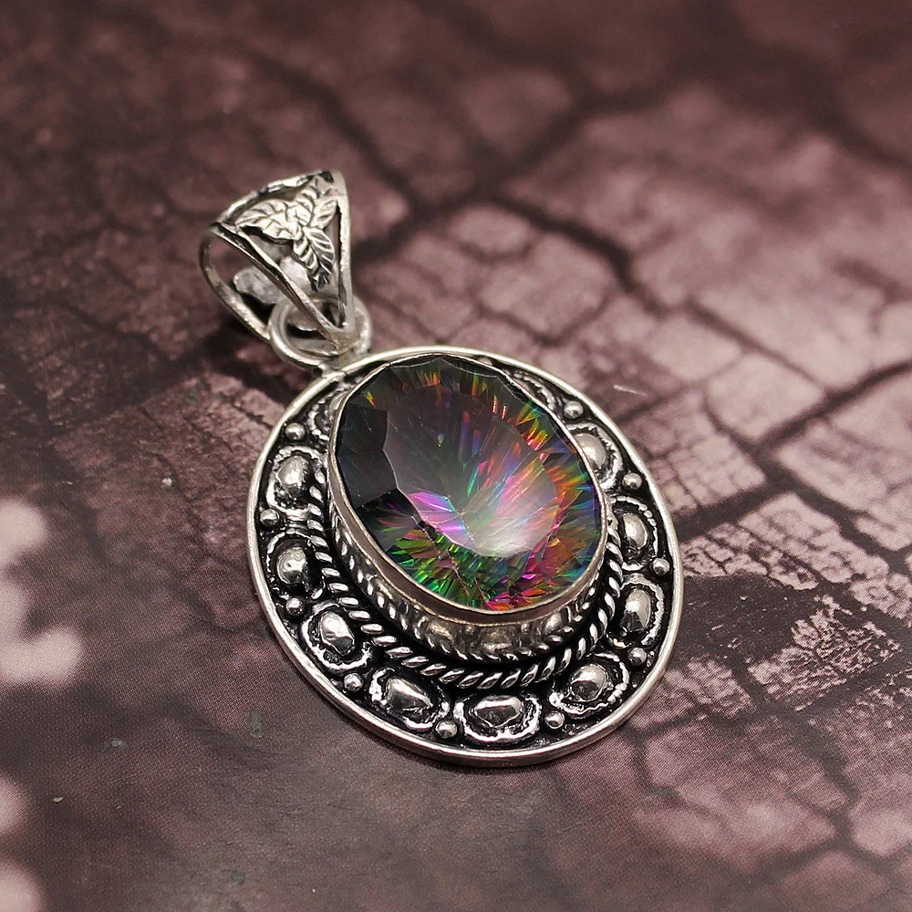 

Amazing Vintage Oval Fire Mystic Topaz925 Sterling Silver Necklace Pendants 55MM AK180