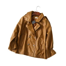 Женская Осенняя куртка из искусственной кожи, Короткие пальто, коричневый, бежевый, черный, свободный, большой размер, полная подкладка, двубортный, Прямая поставка SML