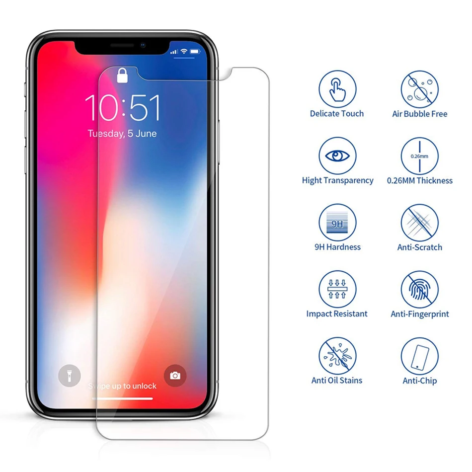 2 шт. защита экрана из закаленного стекла для iPhone X Xs Max Xr 11 Pro 8 7 6 S Plus ультра тонкая прозрачная пленка из закаленного стекла