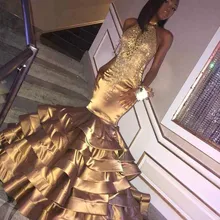 Платья для выпускного вечера золотистого цвета, платье годе с лямкой на шее, праздничная одежда для выпускного вечера вечерние платья большого размера