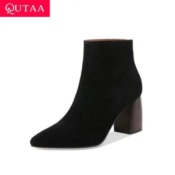 

QUTAA 2020 New Autumn Winter Zipper Square High Heel Concise Ankle Boots Cow Suede Fashion Pointed Toe Women Shoes Size 34-39