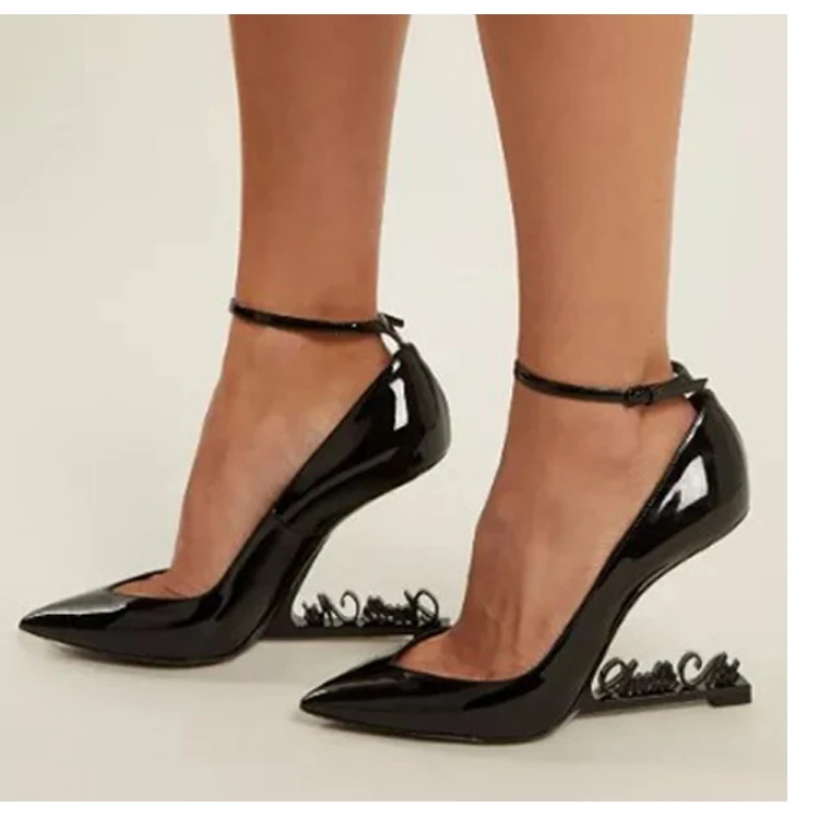 

2019 New Black Patent Leather Metal Letters Strange High Heels Women Pumps Mary Jane Wedding Dress Ankle Strap Shoes Woman