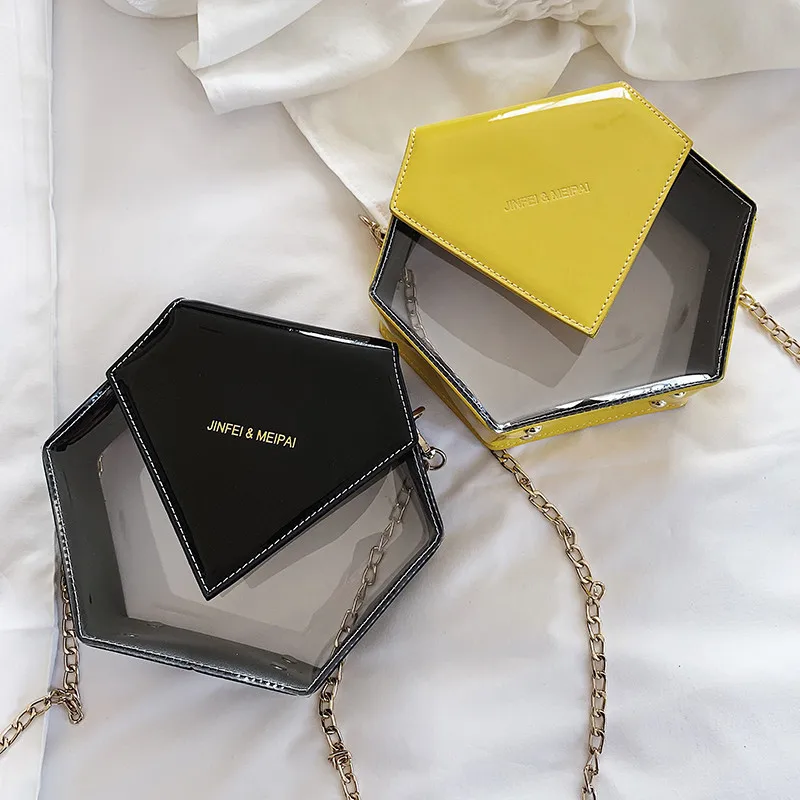 

Summer PVC Transparent Jelly Small Purse Handbag Hexagon Beach Bags Chains Clutches Shoulder Messenger Bags For Women 2019 Sac