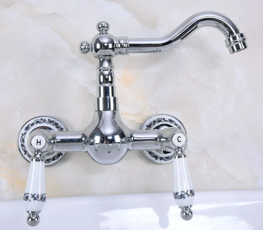 Polished Chrome Brass Wall Mounted Double Ceramic Handles Levers Bathroom Kitchen Sink Faucet Mixer Tap Swivel Spout anf962