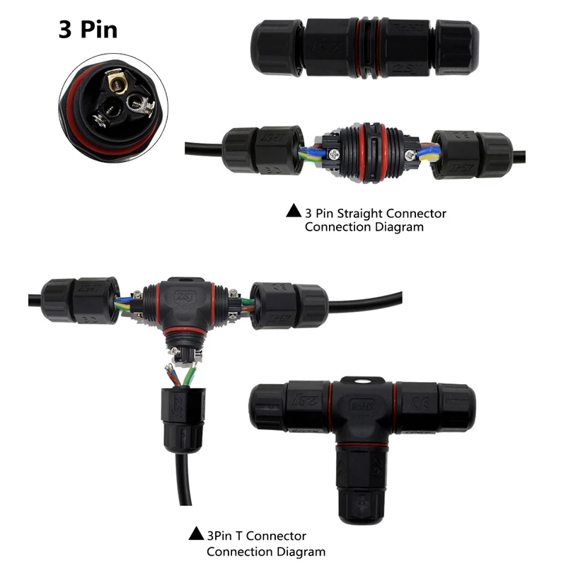 IP67 Водонепроницаемый Разъем T Форма/прямой Форма 2/3 Pin наружного освещения разъемы