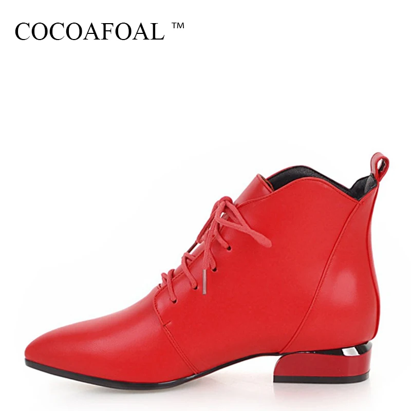 

COCOAFOAL Woman Lace Up Ankle Boots Black White Red Winter Chelsea Flat With Boots Plus Size 33 41 43 Pointed Toe Martin Boots
