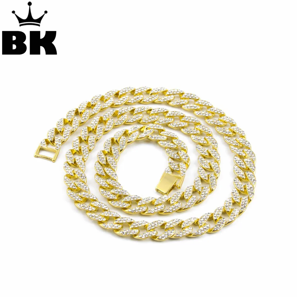 

Mens Hip Hop Gold Color Iced Out Rhinestone Miami Cuban Chain 15mm*30inch Necklace Bling Bling Jewelry