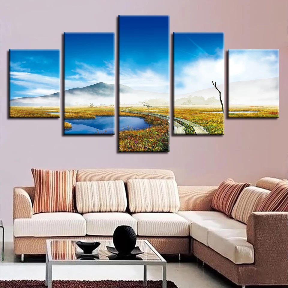 

Canvas HD Print Painting Modular Decor 5 Pieces Posters Blue Sky White Cloud Mountain And Trail Natural Scenery Picture Wall Art