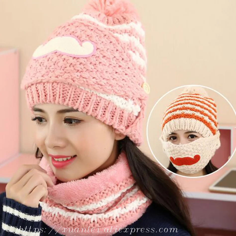 

new women caps for Masks hat winter one wool cap knitted hat warm ear plus velvet thickening Korean neck care neck beard lovely