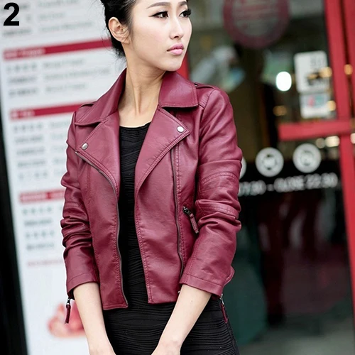 Модная Женская приталенная короткая куртка из искусственной кожи в стиле панк, мотоциклетная верхняя одежда - Цвет: Wine