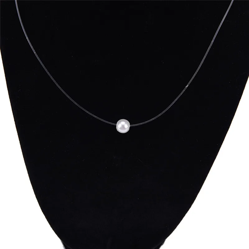 

White Transparent Crystal Fishing Line Invisible Natural Stone Pendant Clavicle Chain Simulated Pearl Necklace Women Jewelry 1PC