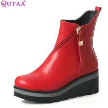 QUTAA/; женские ботильоны с острым носком на молнии; женские мотоциклетные ботильоны из микрофибры на танкетке и высоком каблуке; размеры 34-39