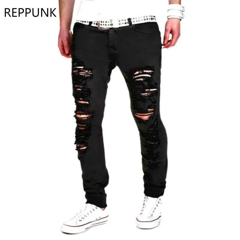 

Fashion 2018 New Ripped Holes Designer Brand Jeans Hip Hop Slim Fit Men Broken Demin Destroy Biker Black Swag Pants