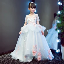 2017baby girls elegant flowers princess dresses children kids long tail evening ball gown birthday party wedding