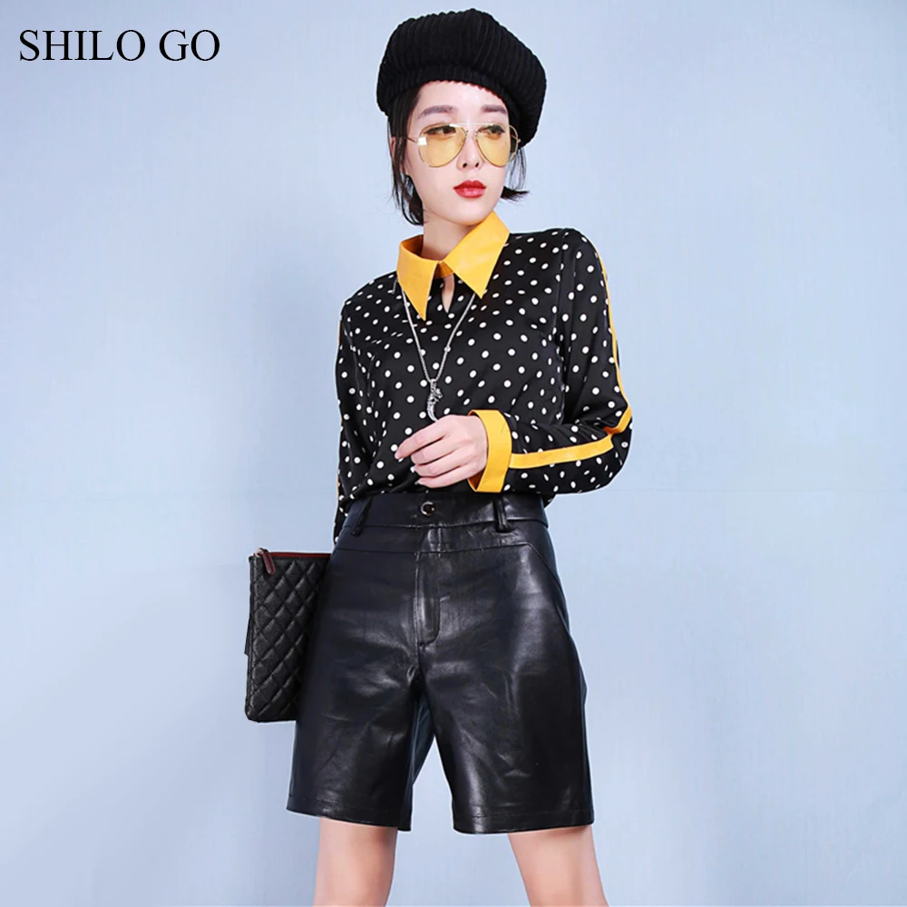 SHILO GO Leather Blouse Womens Summer Fashion sheepskin genuine leather Blouse lapel collar Pop print causal yellow Chiffon