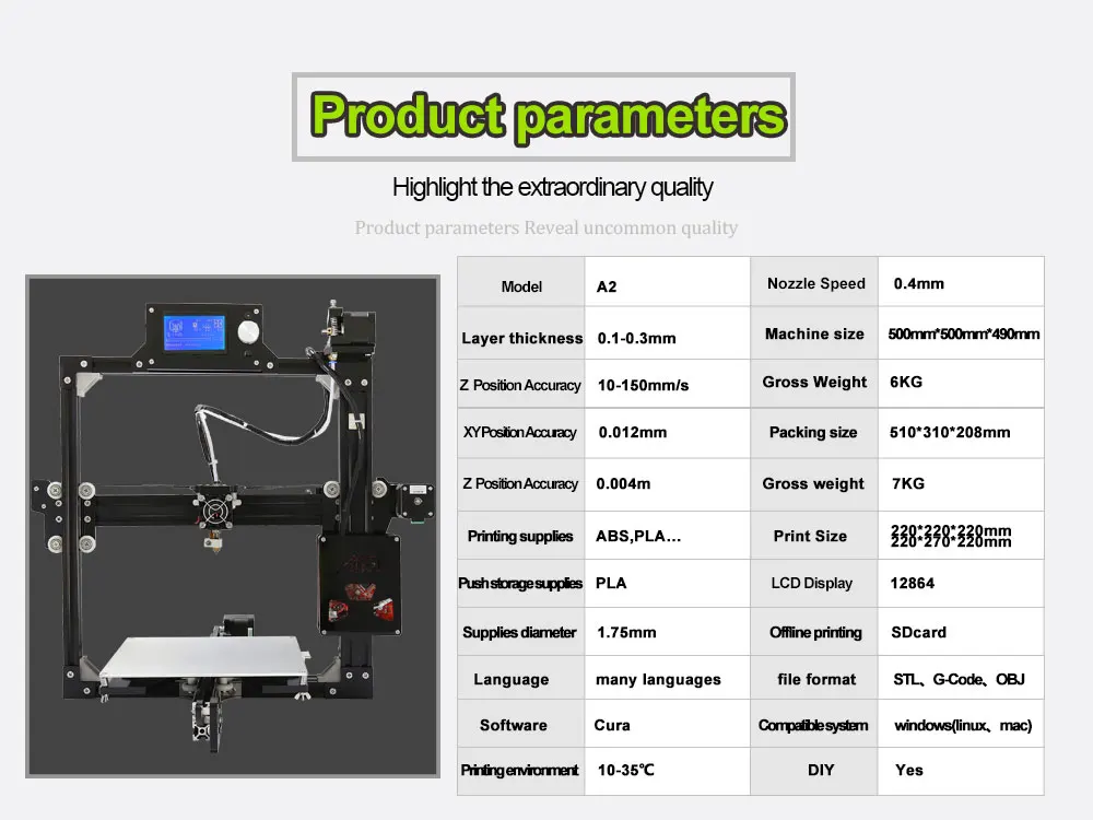 Anet A2 поддержка 1,75 мм PLA ABS 3d печать Высокое качество 3d Drucker лучшая точность простота в эксплуатации 12864/2004 lcd Impressora 3d