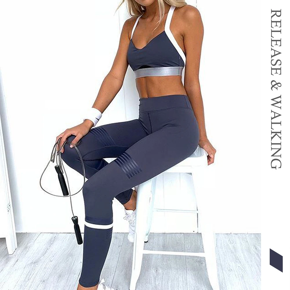 

R&W Women Sports Vest Leggings Suits Two Piece Sportsuits Bra+pants Womens Running Yoga Workout Set Plus Size Cross Back Bras