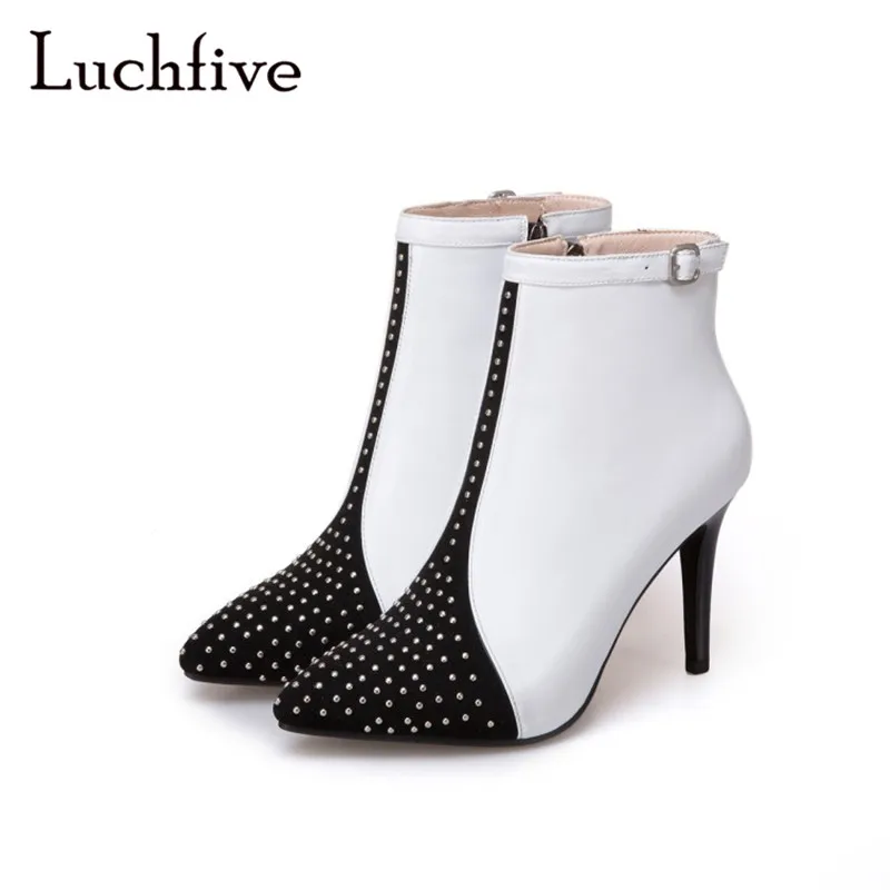 

New Sexy rivets thin high heels short boots pointy toe buckle strap shoes woman black white fashion zipper ankle boots