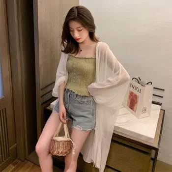 

2019 Women Casual Shirt Long Sleeve Open Front Chiffon Blouse Solid Color Sun Protection Long Blouses Summer Beach Cardigan