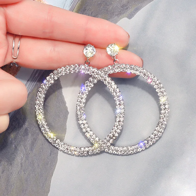 

Luxury Big Crystal Loop Dangle Earrings for Women Double Layer Round Circle Big Drop Earring Wedding Statement Earings Jewelry