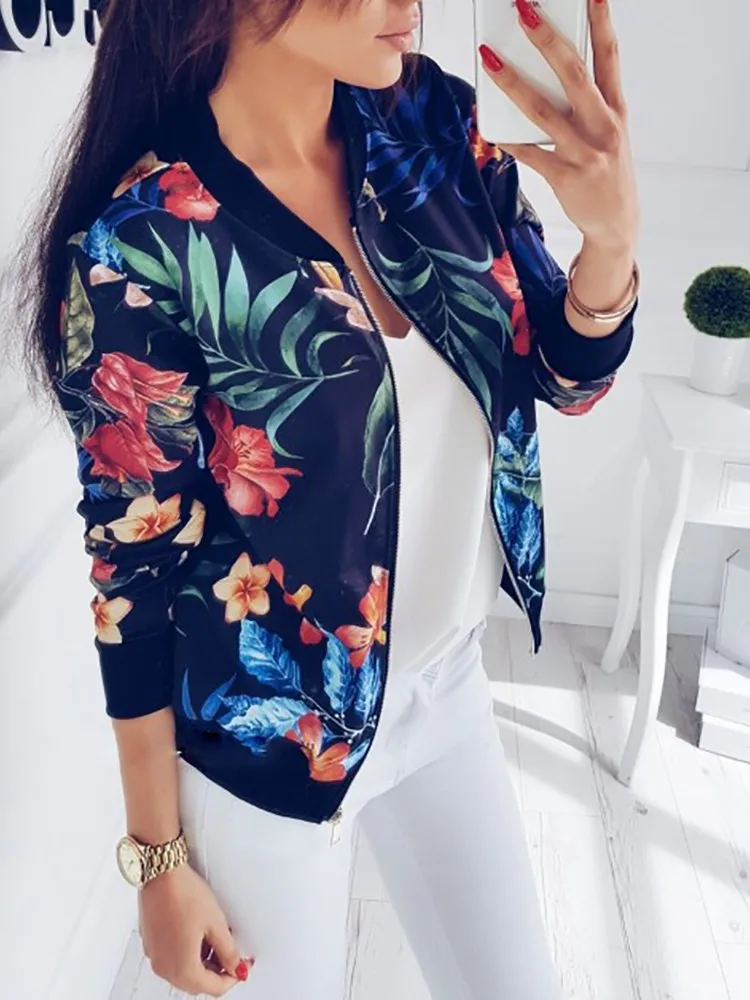 Polyester Limitée Feminina Jaqueta Zipper Vestes Casaco Veste Nouvelle Blanc Bleu 2018 De marine Complet Casual Femmes Impression Régulier Feminino g5xn1qw1E